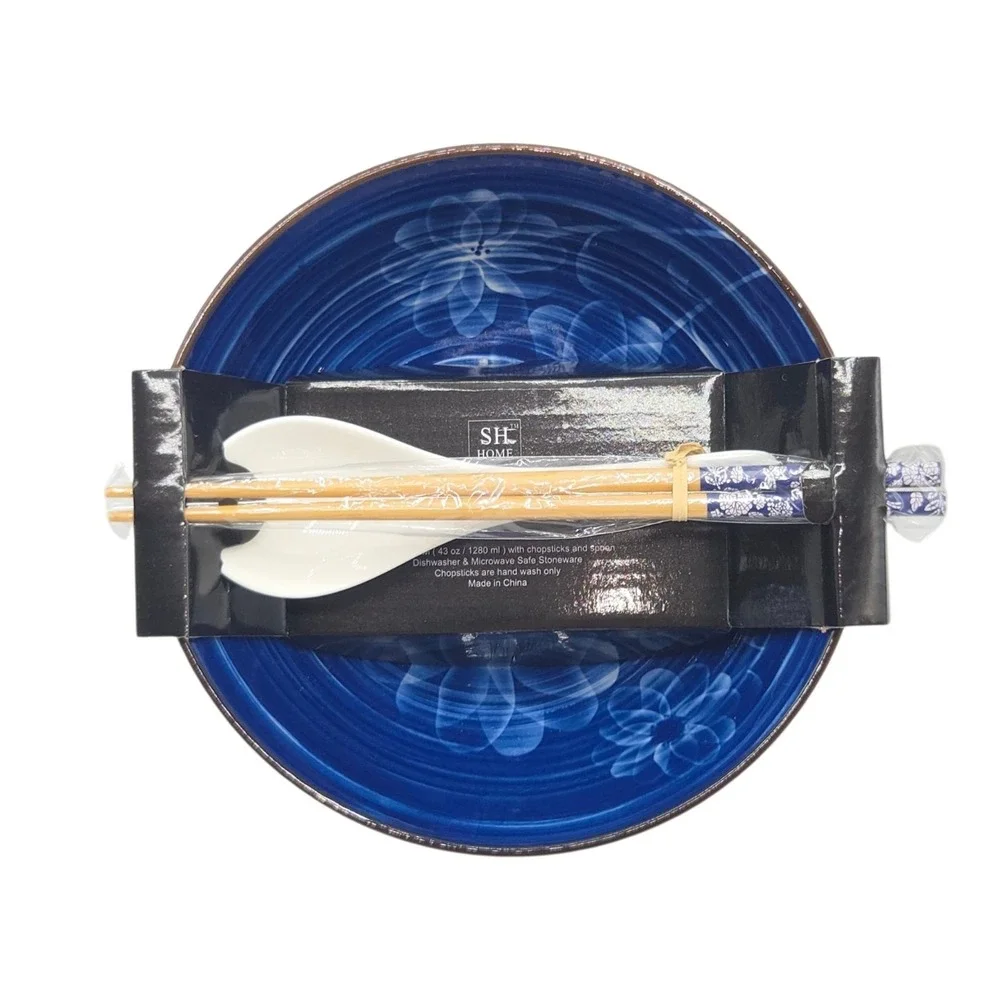 SH Home Asian Blue Floral‎ Ceramic Ramen Noodle Bowl With Chopsticks And Spoon